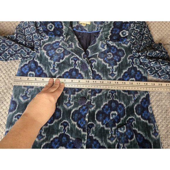 Elevenses Anthropologie Coat Size 4 S Blue Green Ikat Velvet Mod Floral Jacquard - Picture 5 of 9